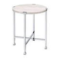 Royal Hampton End Table with X Shaped Metal Base and Round Wooden Top,Silver and Beige