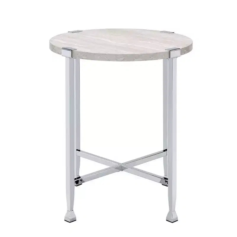 Table d'appoint Royal Hampton avec piètement métallique en X et plateau rond en bois, argent et beige