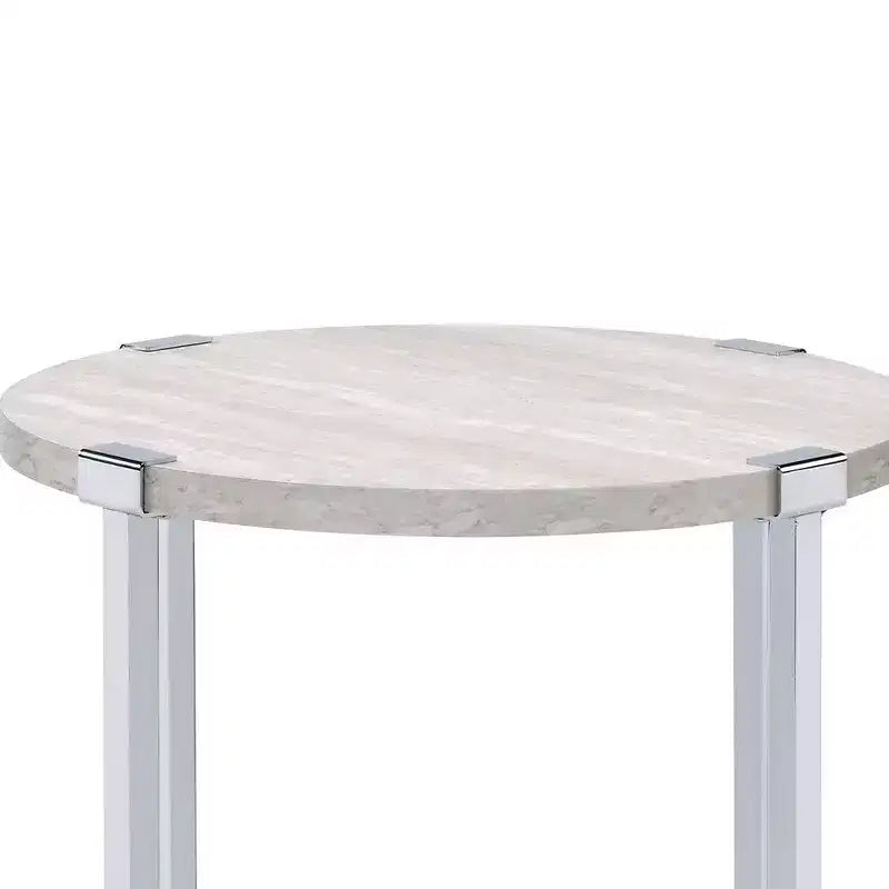 Table d'appoint Royal Hampton avec piètement métallique en X et plateau rond en bois, argent et beige