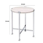 Table d'appoint Royal Hampton avec piètement métallique en X et plateau rond en bois, argent et beige
