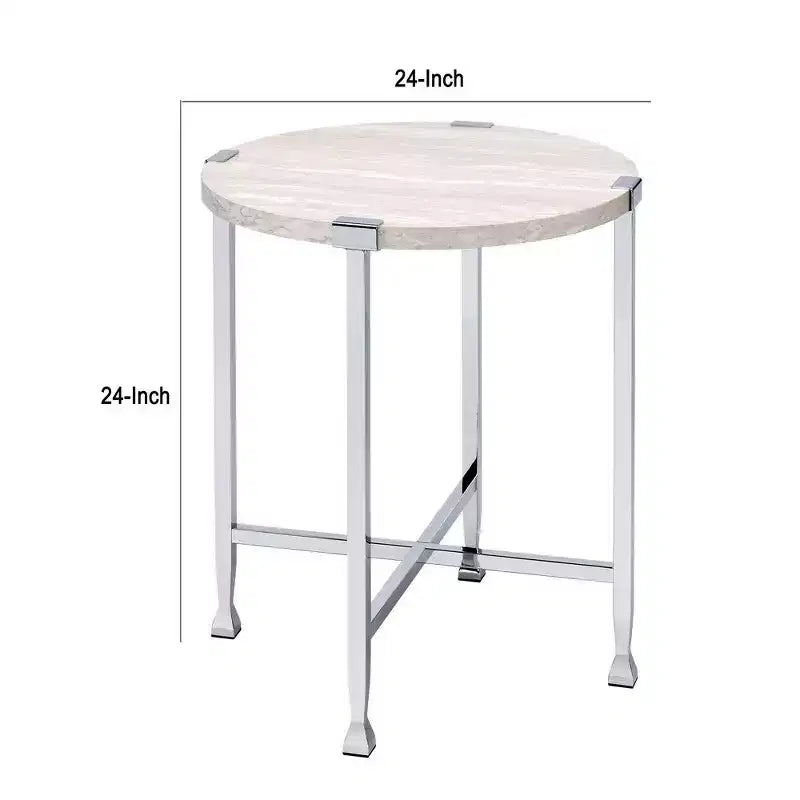 Table d'appoint Royal Hampton avec piètement métallique en X et plateau rond en bois, argent et beige