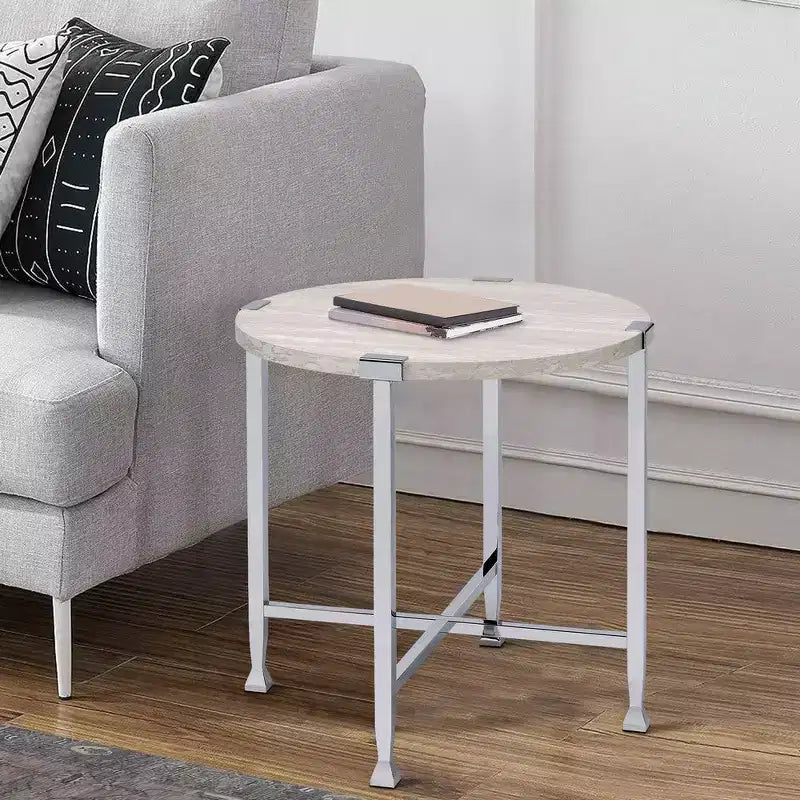 Table d'appoint Royal Hampton avec piètement métallique en X et plateau rond en bois, argent et beige