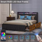 Lit de rangement relevable VECELO double/grand format rembourré, cadre de lit plateforme en métal avec tête de lit éclairée, ports USB et étagères, marron/gris