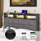 Lit de rangement relevable VECELO double/grand format rembourré, cadre de lit plateforme en métal avec tête de lit éclairée, ports USB et étagères, marron/gris