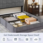 Lit de rangement relevable VECELO double/grand format rembourré, cadre de lit plateforme en métal avec tête de lit éclairée, ports USB et étagères, marron/gris