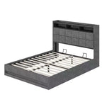 Lit de rangement relevable VECELO double/grand format rembourré, cadre de lit plateforme en métal avec tête de lit éclairée, ports USB et étagères, marron/gris
