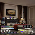 Lit de rangement relevable VECELO double/grand format rembourré, cadre de lit plateforme en métal avec tête de lit éclairée, ports USB et étagères, marron/gris