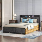 Lit de rangement relevable VECELO double/grand format rembourré, cadre de lit plateforme en métal avec tête de lit éclairée, ports USB et étagères, marron/gris