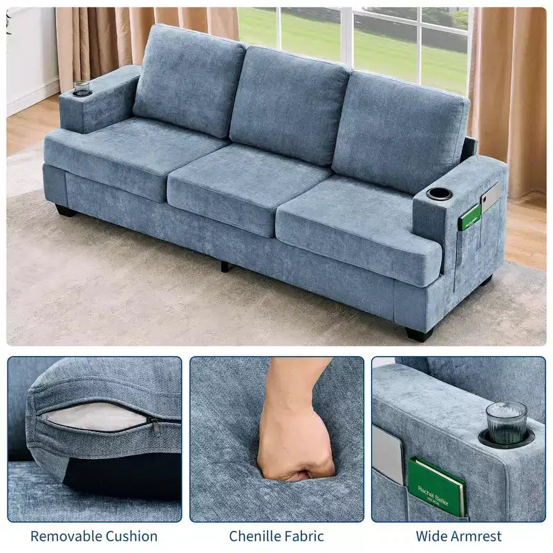 Canapé moderne 88 avec accoudoirs moelleux, canapé 3 places rembourré avec porte-gobelets et poches latérales, canapé profond pour salon et chambre à coucher