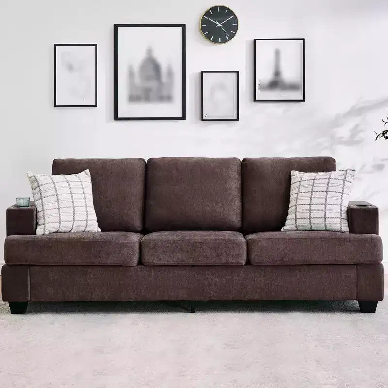 Canapé moderne 88 avec accoudoirs moelleux, canapé 3 places rembourré avec porte-gobelets et poches latérales, canapé profond pour salon et chambre à coucher