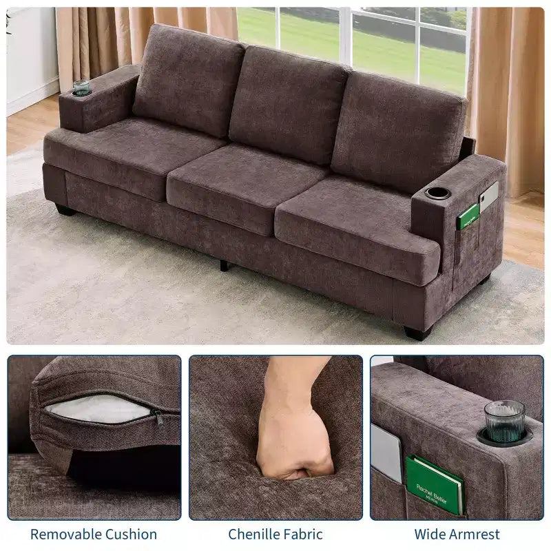 Canapé moderne 88 avec accoudoirs moelleux, canapé 3 places rembourré avec porte-gobelets et poches latérales, canapé profond pour salon et chambre à coucher