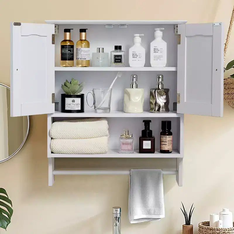 Meuble Haut de Salle de Bain VEVOR, avec 2 Portes et Étagère Réglable, Armoire de Rangement Murale au-dessus des Toilettes, avec Compartiment Ouvert et Porte-Serviettes, Blanc