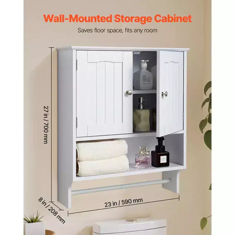 Meuble Haut de Salle de Bain VEVOR, avec 2 Portes et Étagère Réglable, Armoire de Rangement Murale au-dessus des Toilettes, avec Compartiment Ouvert et Porte-Serviettes, Blanc
