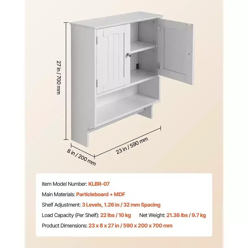 Meuble Haut de Salle de Bain VEVOR, avec 2 Portes et Étagère Réglable, Armoire de Rangement Murale au-dessus des Toilettes, avec Compartiment Ouvert et Porte-Serviettes, Blanc
