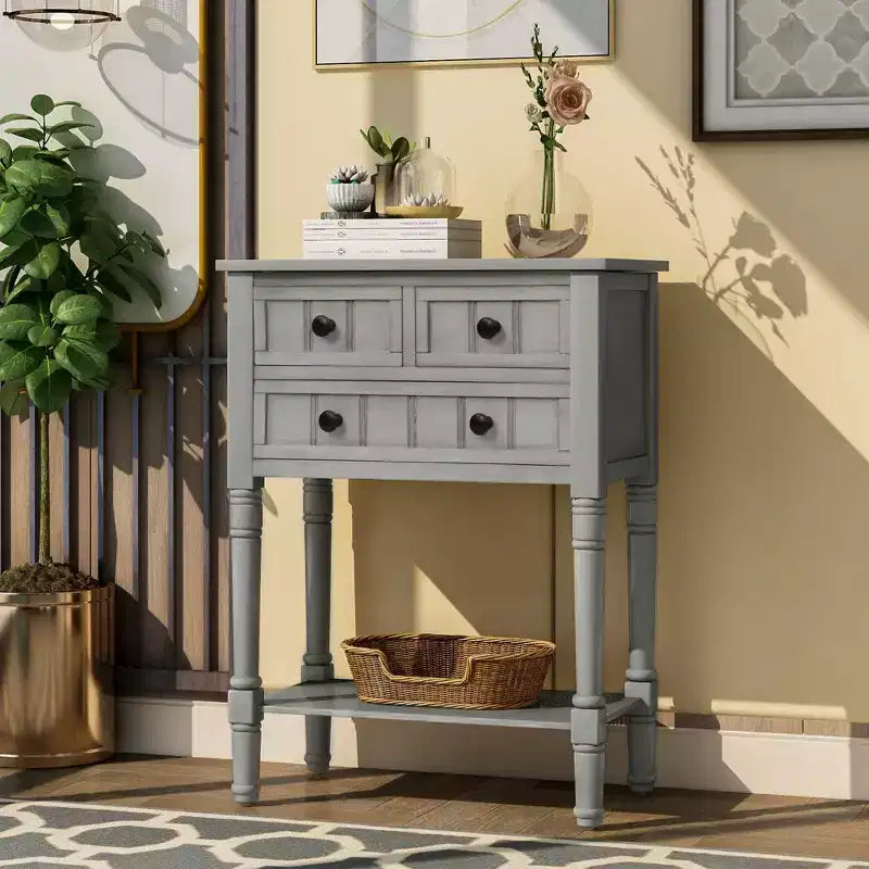 Petite table console de ferme avec rangement, table d'entrée rétro en bois avec tiroirs et étagère inférieure, table d'appoint mince en bois pour entrée
