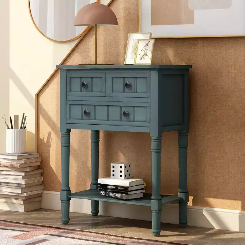 Petite table console de ferme avec rangement, table d'entrée rétro en bois avec tiroirs et étagère inférieure, table d'appoint mince en bois pour entrée