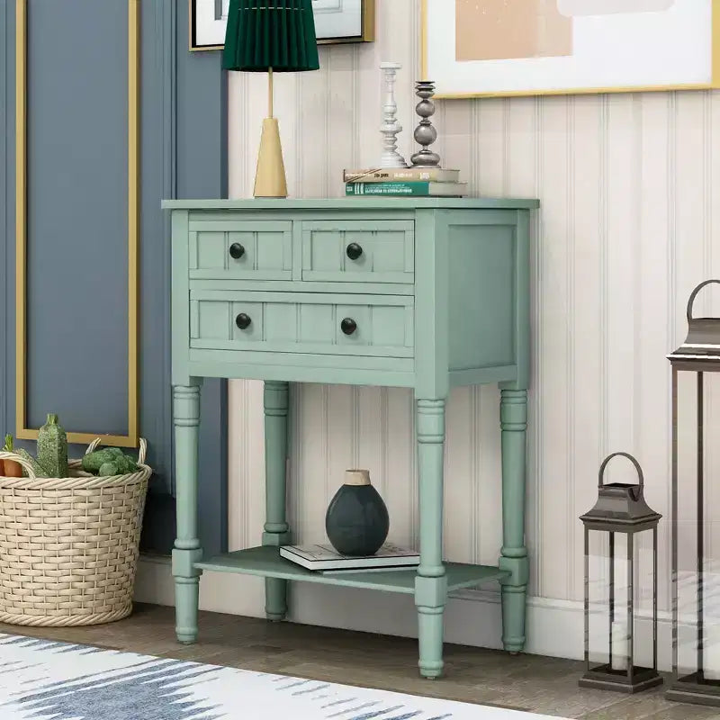 Petite table console de ferme avec rangement, table d'entrée rétro en bois avec tiroirs et étagère inférieure, table d'appoint mince en bois pour entrée