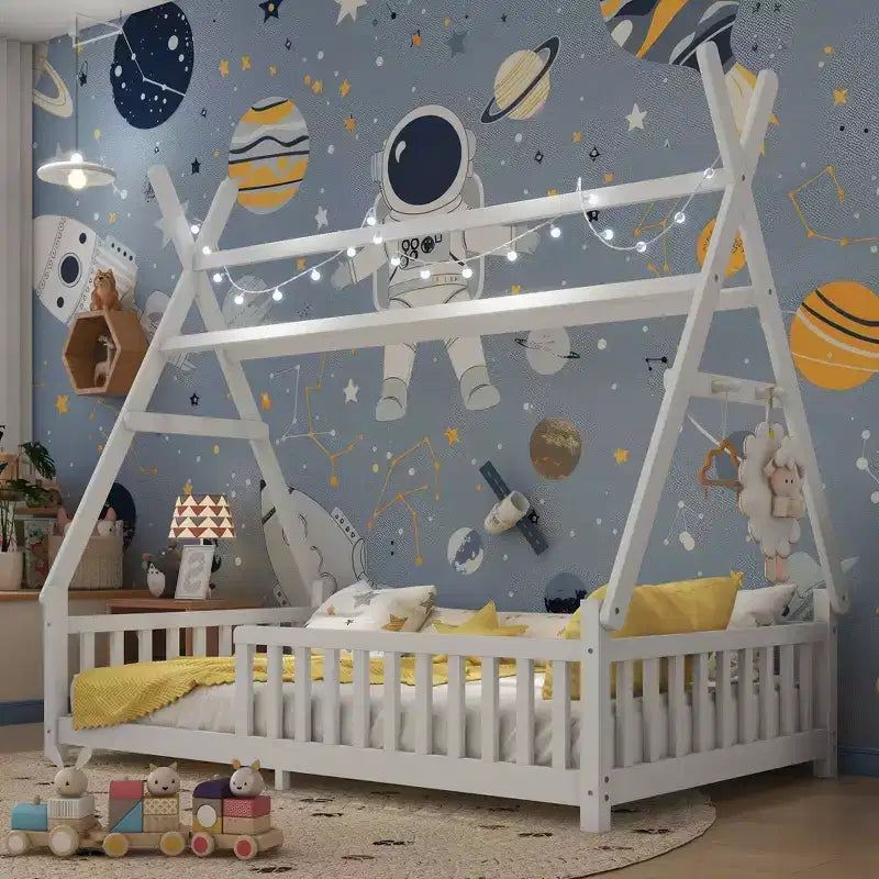 Lit de sol double TUYOHW pour tout-petits avec clôture et toit pour enfants, lit Montessori moderne en forme de maison avec lumière pour chambre à coucher.
