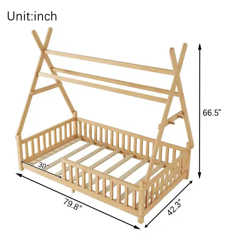 Lit de sol double TUYOHW pour tout-petits avec clôture et toit pour enfants, lit Montessori moderne en forme de maison avec lumière pour chambre à coucher.