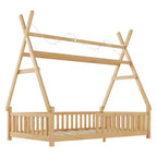Lit de sol double TUYOHW pour tout-petits avec clôture et toit pour enfants, lit Montessori moderne en forme de maison avec lumière pour chambre à coucher.