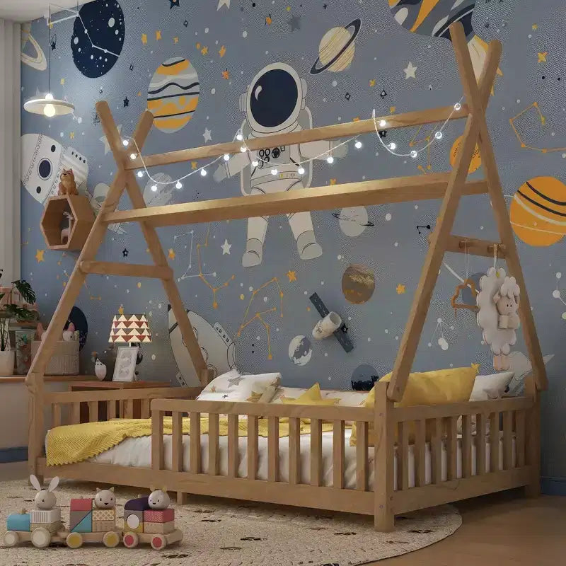 Lit de sol double TUYOHW pour tout-petits avec clôture et toit pour enfants, lit Montessori moderne en forme de maison avec lumière pour chambre à coucher.