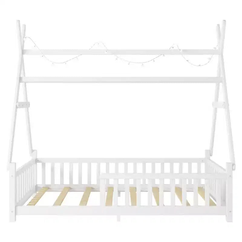 Lit de sol double TUYOHW pour tout-petits avec clôture et toit pour enfants, lit Montessori moderne en forme de maison avec lumière pour chambre à coucher.