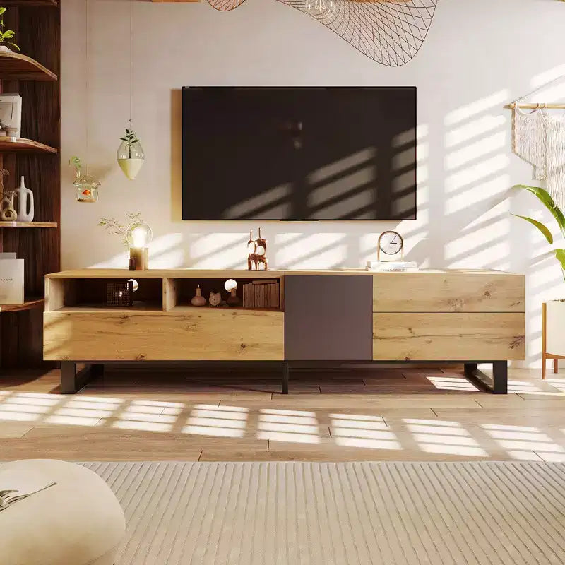 Meuble TV pour téléviseur de 80 pouces, meuble de rangement en bois, console média moderne avec portes abattantes, centre de divertissement pour salon, en bois