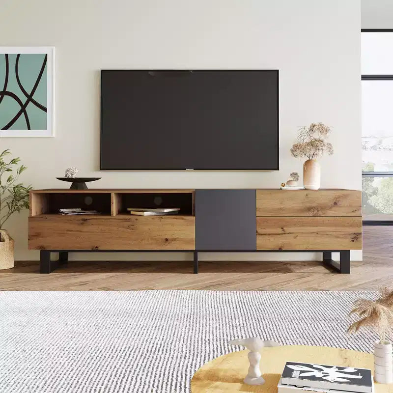 Meuble TV pour téléviseur de 80 pouces, meuble de rangement en bois, console média moderne avec portes abattantes, centre de divertissement pour salon, en bois