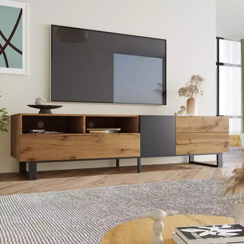 Meuble TV pour téléviseur de 80 pouces, meuble de rangement en bois, console média moderne avec portes abattantes, centre de divertissement pour salon, en bois