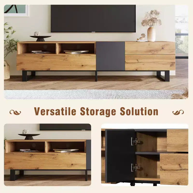 Meuble TV pour téléviseur de 80 pouces, meuble de rangement en bois, console média moderne avec portes abattantes, centre de divertissement pour salon, en bois