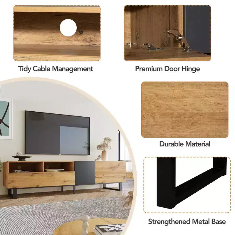 Meuble TV pour téléviseur de 80 pouces, meuble de rangement en bois, console média moderne avec portes abattantes, centre de divertissement pour salon, en bois