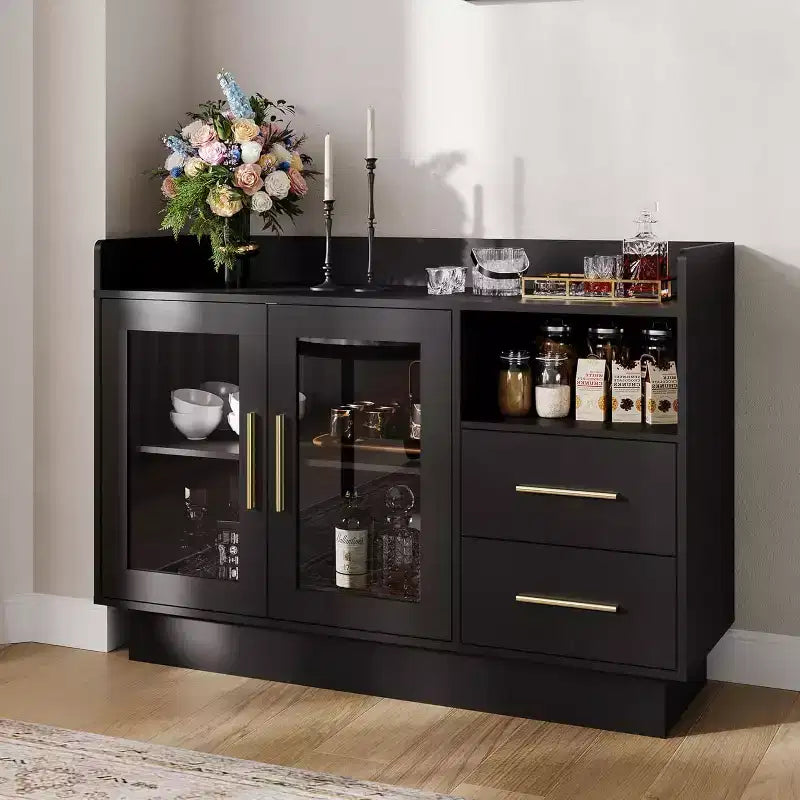 Meuble à vin, Bar à café avec double portes vitrées, Meuble de rangement noir pour alcools pour cuisine salon