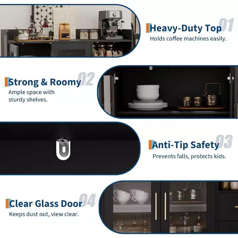 Meuble à vin, Bar à café avec double portes vitrées, Meuble de rangement noir pour alcools pour cuisine salon