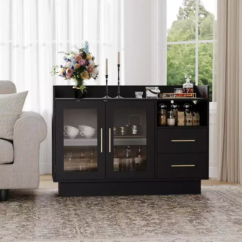 Meuble à vin, Bar à café avec double portes vitrées, Meuble de rangement noir pour alcools pour cuisine salon