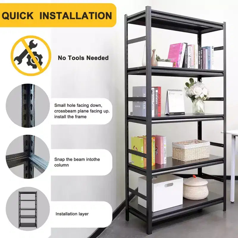 Clihome Étagère de rangement robuste 78H à 5 niveaux, capacité de 907 kg, en acier, tablettes réglables avec rails latéraux