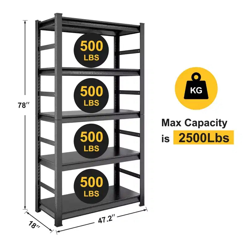 Clihome Étagère de rangement robuste 78H à 5 niveaux, capacité de 907 kg, en acier, tablettes réglables avec rails latéraux