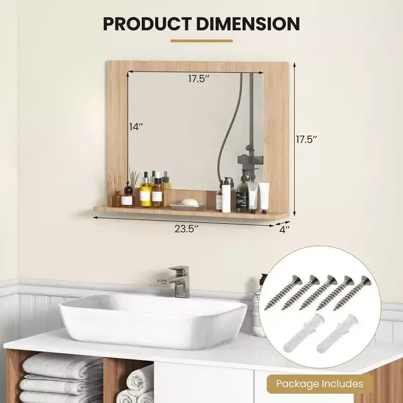 Miroir de salle de bain Costway avec étagère 23,5 x 17,5, cadre en bois rectangulaire