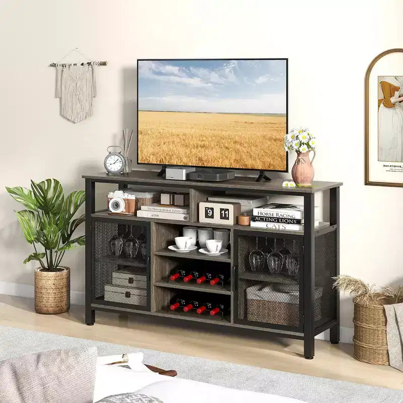 Meuble de bar Costway Buffet Vaisselier de 140 cm avec 8 Porte-Bouteilles