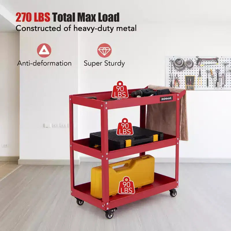 Chariot à outils roulant Costway à 3 niveaux avec 3 étagères spacieuses et 4 roues universelles avec 2 freins