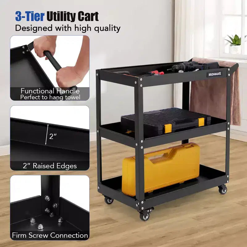 Chariot à outils roulant Costway à 3 niveaux avec 3 étagères spacieuses et 4 roues universelles avec 2 freins