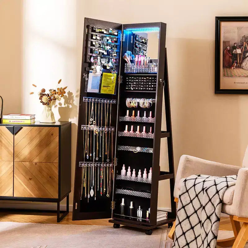 Costway Grande Armoire à Bijoux avec Lumières 3 Couleurs, Étagères Réglables et Roulettes