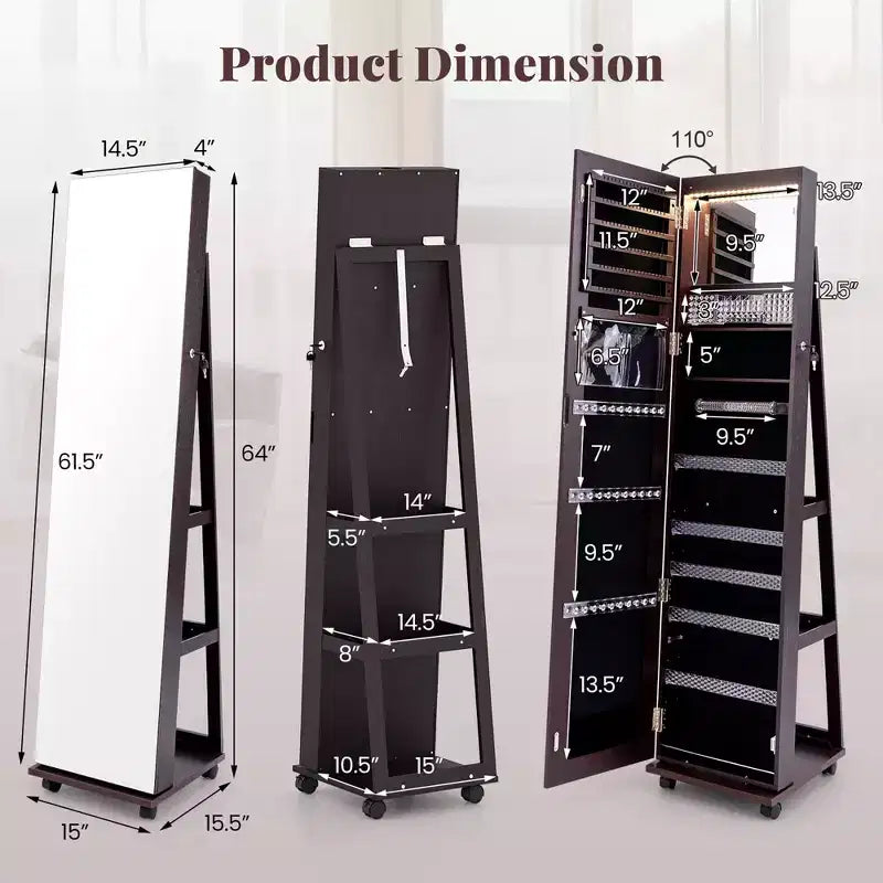 Costway Grande Armoire à Bijoux avec Lumières 3 Couleurs, Étagères Réglables et Roulettes
