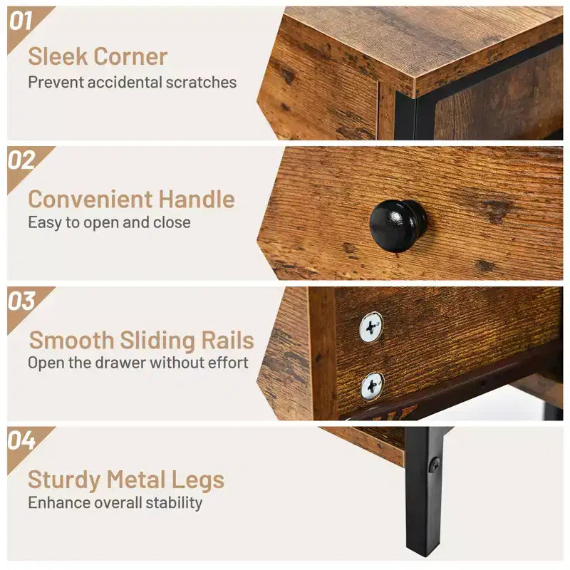 Costway Lot de 2 tables de chevet industrielles à 2 niveaux avec tiroir de rangement et étagère, tables d'appoint avec cadre en métal, marron