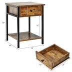 Costway Lot de 2 tables de chevet industrielles à 2 niveaux avec tiroir de rangement et étagère, tables d'appoint avec cadre en métal, marron