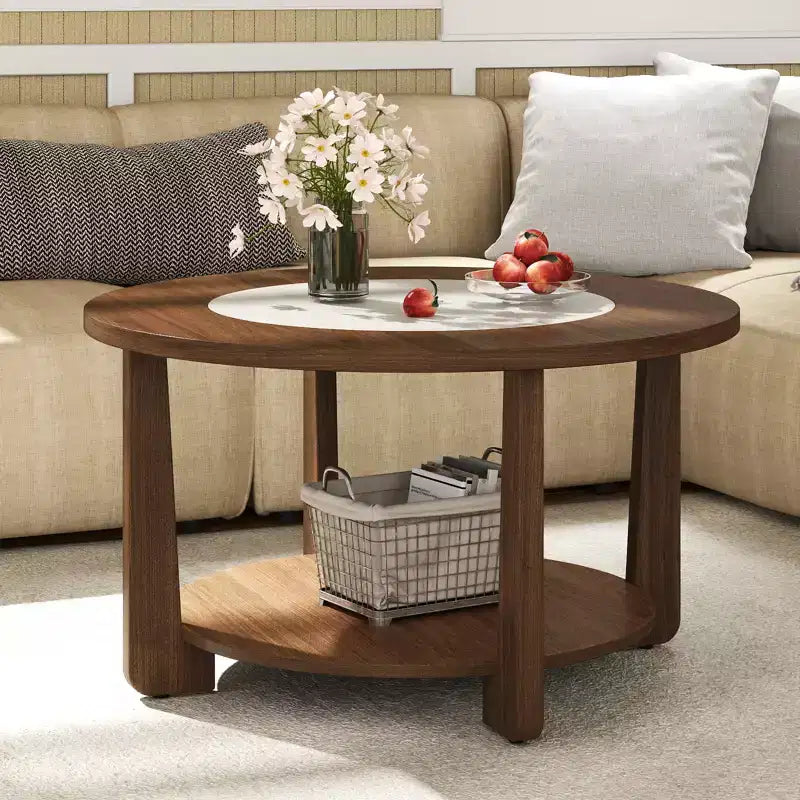 Table basse ronde Costway avec plateau bicolore et étagère de rangement ouverte, pieds en bois