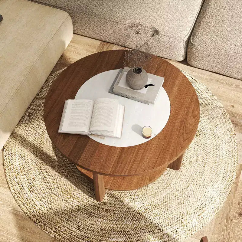 Table basse ronde Costway avec plateau bicolore et étagère de rangement ouverte, pieds en bois