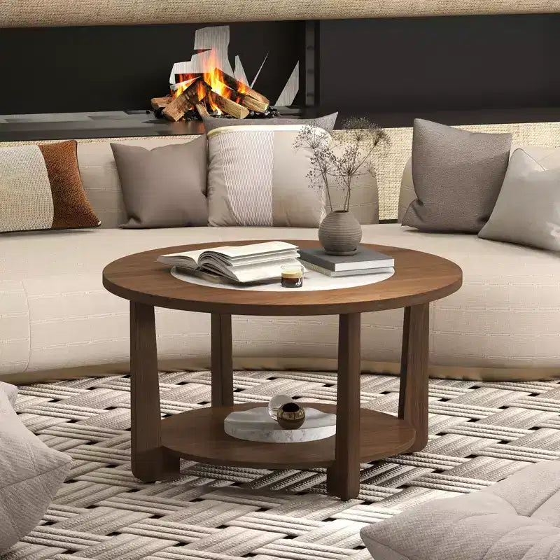 Table basse ronde Costway avec plateau bicolore et étagère de rangement ouverte, pieds en bois