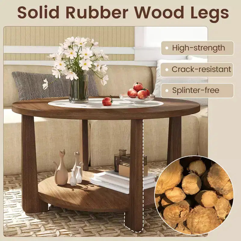 Table basse ronde Costway avec plateau bicolore et étagère de rangement ouverte, pieds en bois