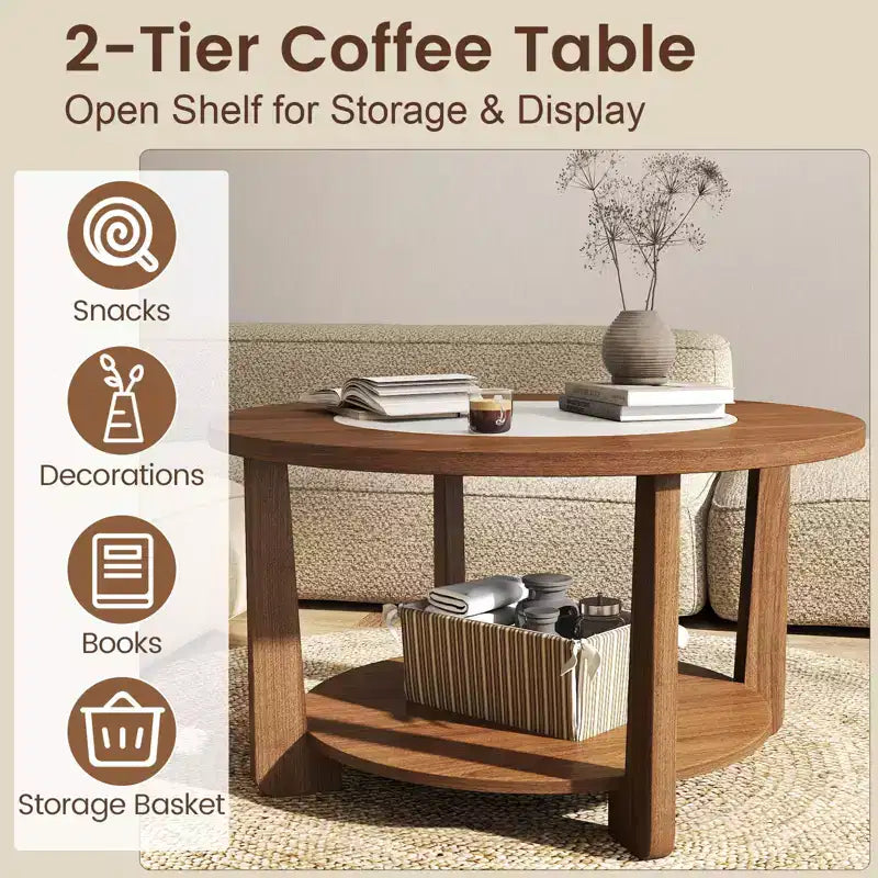 Table basse ronde Costway avec plateau bicolore et étagère de rangement ouverte, pieds en bois