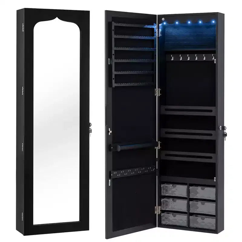 Costway Armoire à bijoux avec miroir pleine longueur, lumières LED intégrées, crochets et étagères
